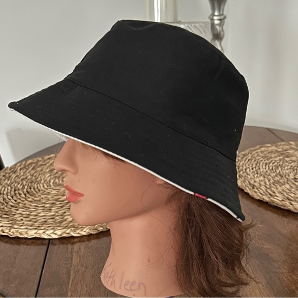 Reversible Bucket Hat, Solid Black on 1 Side, White W/Cherry Print on the other
